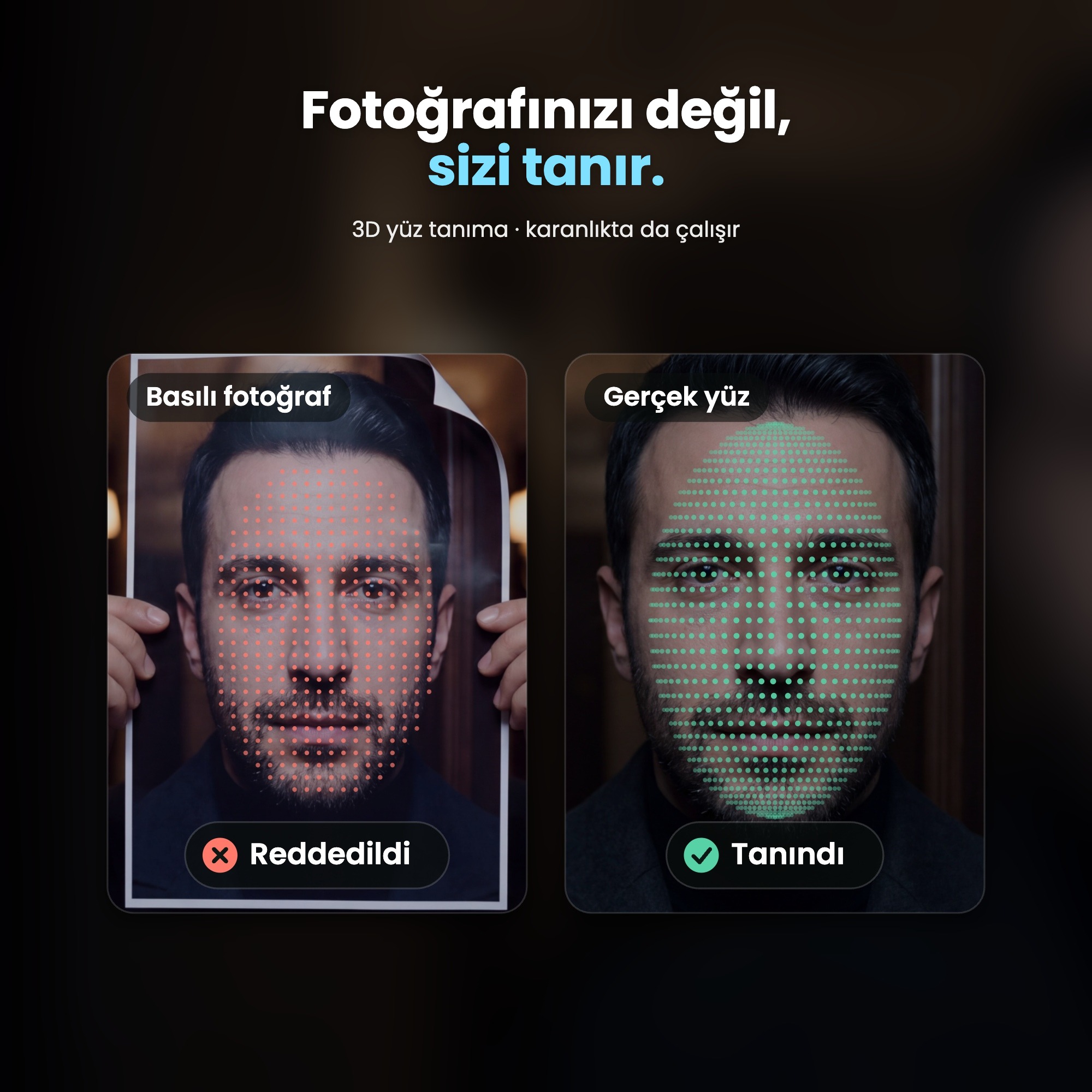 DESi QuiC Q034+ 3D yüz tanıma: basılı fotoğraf reddedildi, gerçek yüz tanındı
